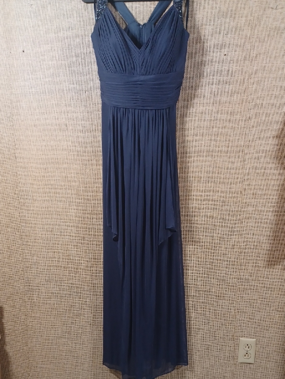 Elegant Navy Maxi Dress with Pleated Bodice and Crossback Straps